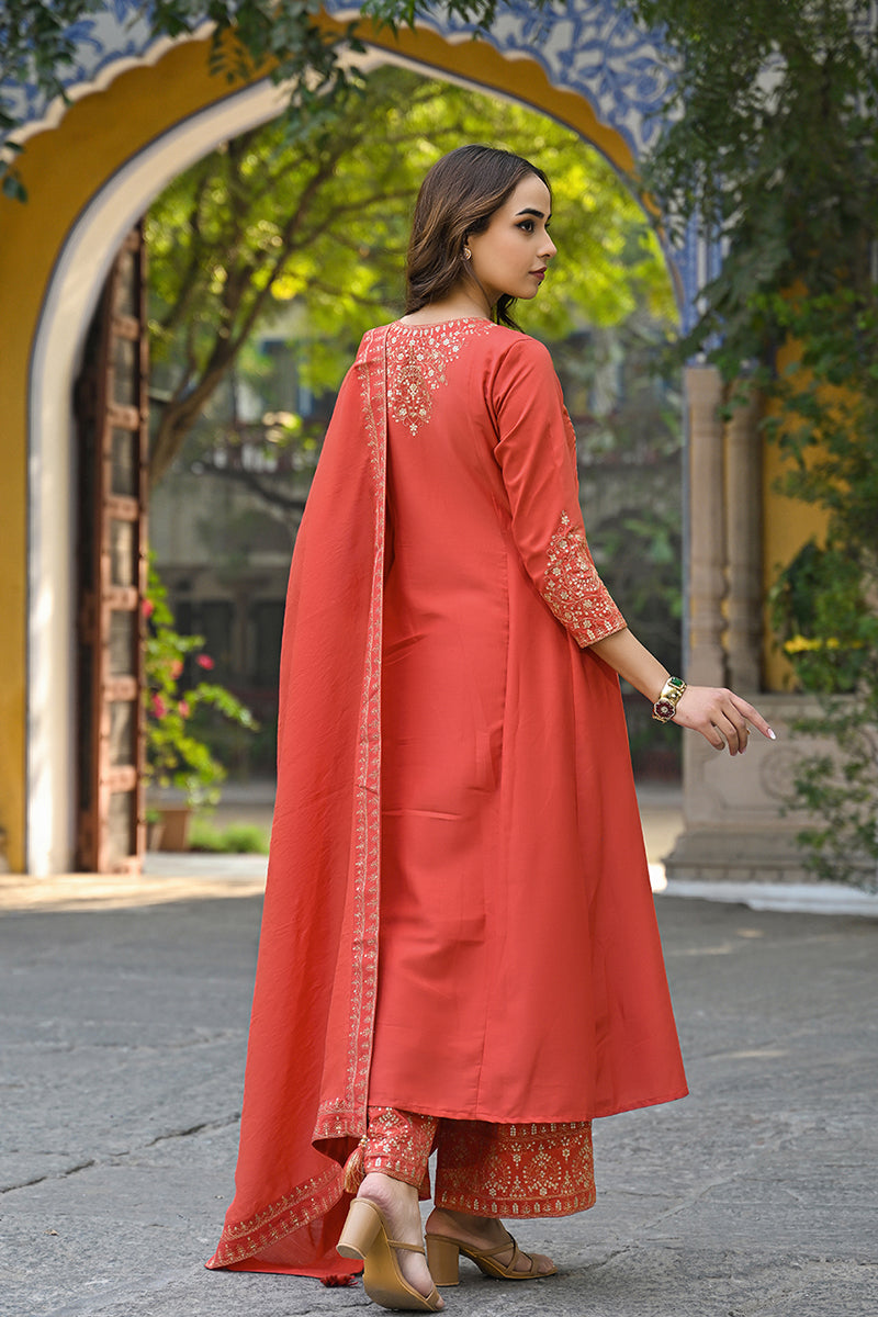 Orange Silk Blend Solid Embroidered Anarkali Palazzo Suit Set PKSKD285