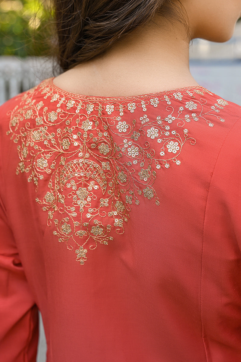 Orange Silk Blend Solid Embroidered Anarkali Palazzo Suit Set PKSKD285