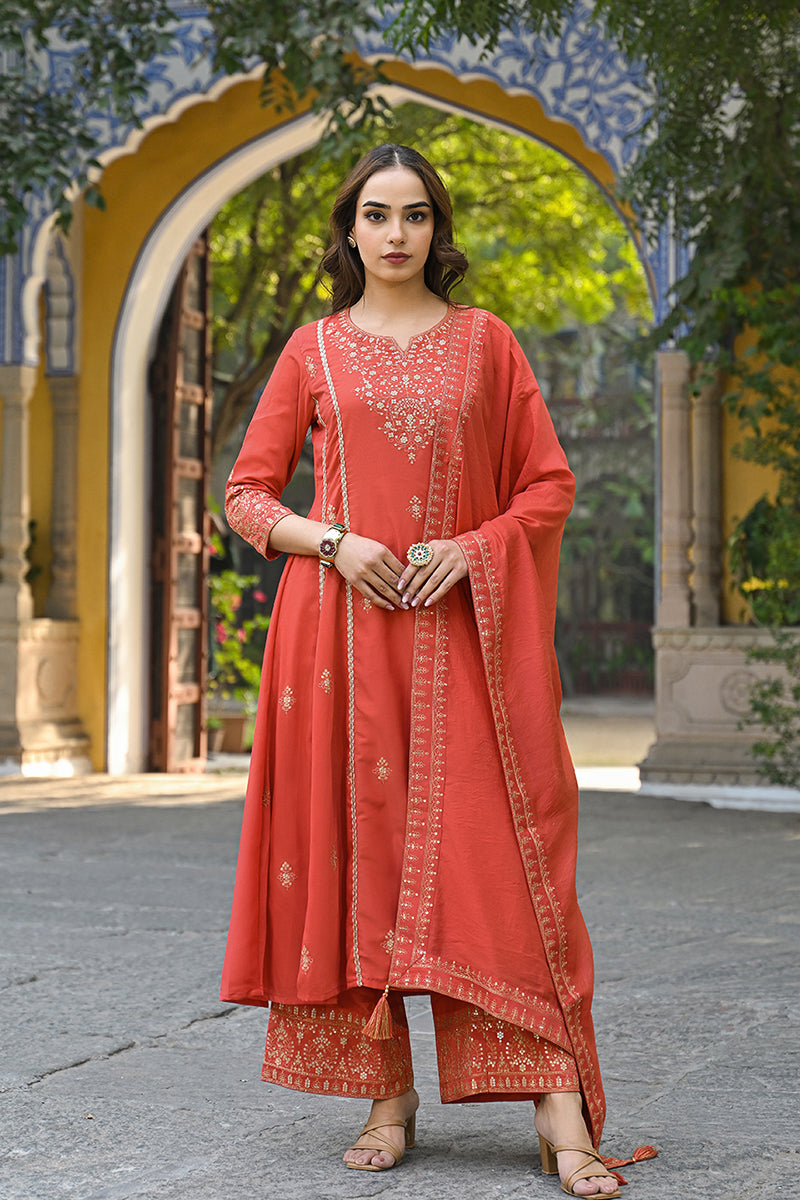 Orange Silk Blend Solid Embroidered Anarkali Palazzo Suit Set PKSKD285
