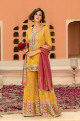 Yellow Viscose Shimmer Embroidered Straight Kurta Sharara with Dupatta PKSKD2861