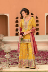 Yellow Viscose Shimmer Embroidered Straight Kurta Sharara with Dupatta PKSKD2861
