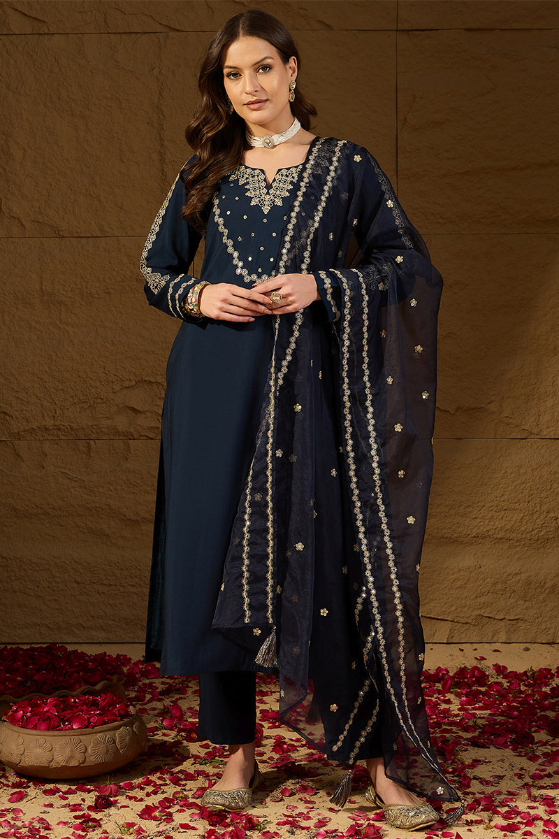 Blue Silk Blend Solid Embroidered Straight Kurta Trousers With Dupatta