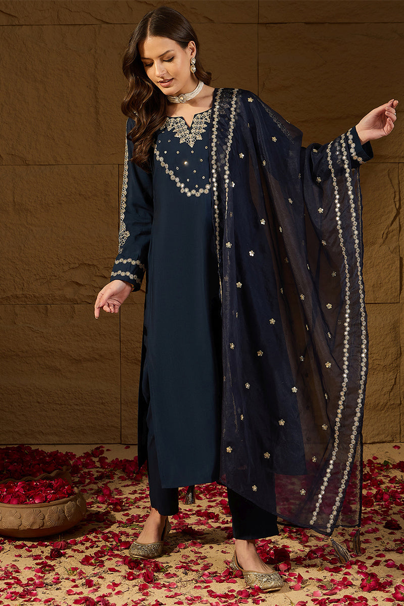 Blue Silk Blend Solid Embroidered Straight Kurta Trousers With Dupatta
