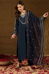 Blue Silk Blend Solid Embroidered Straight Kurta Trousers With Dupatta HOPPKSKD2871