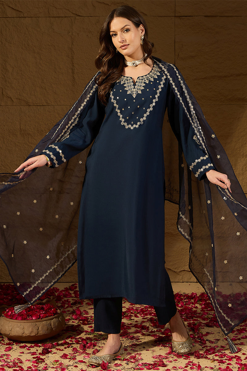 Blue Silk Blend Solid Embroidered Straight Kurta Trousers With Dupatta