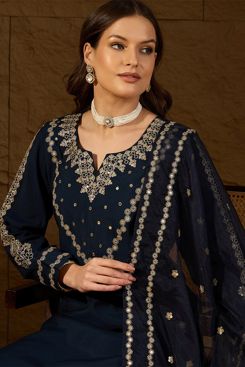 Blue Silk Blend Solid Embroidered Straight Kurta Trousers With Dupatta
