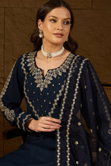Blue Silk Blend Solid Embroidered Straight Kurta Trousers With Dupatta HOPPKSKD2871