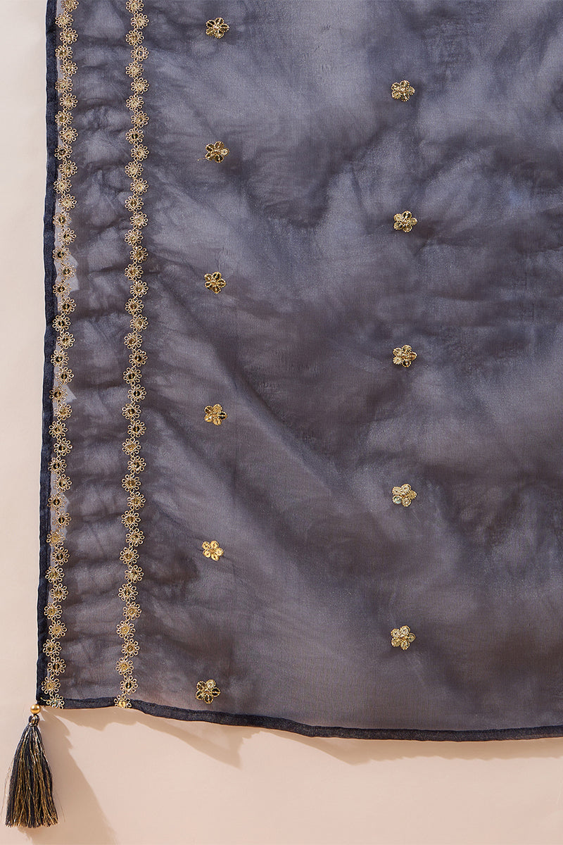 Blue Silk Blend Solid Embroidered Straight Kurta Trousers With Dupatta