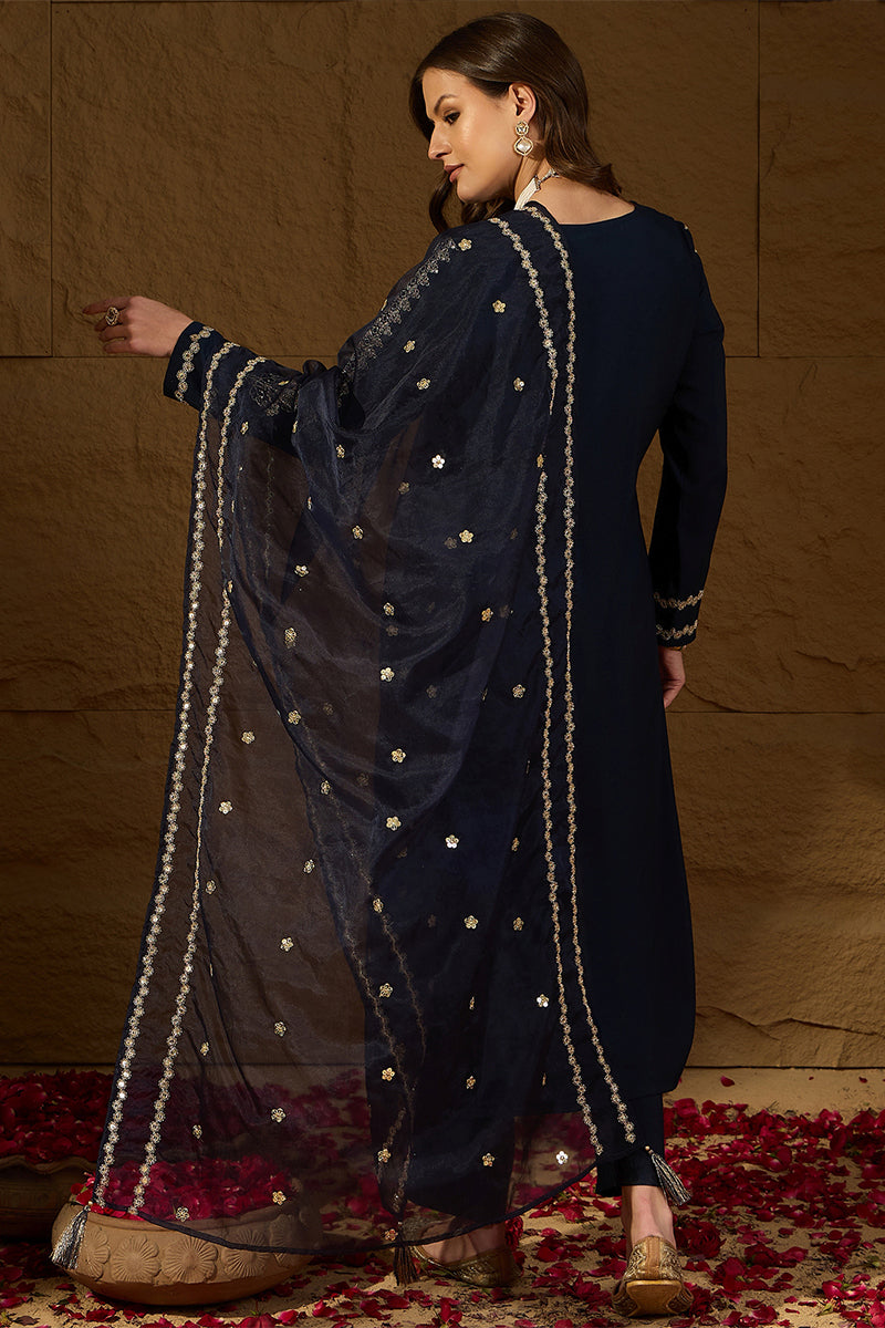 Blue Silk Blend Solid Embroidered Straight Kurta Trousers With Dupatta