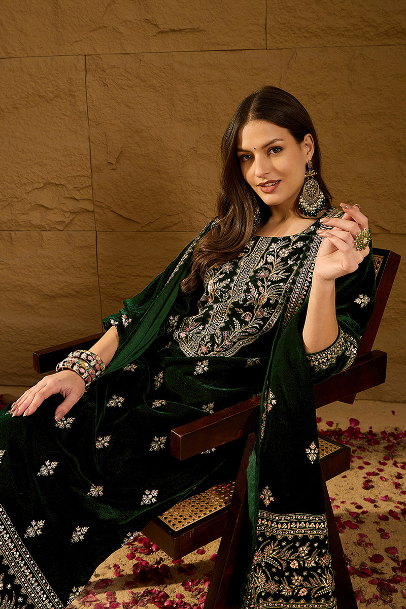 Green Velvet Ethnic Motifs Printed Straight Trousers Suit Set PKSKD288