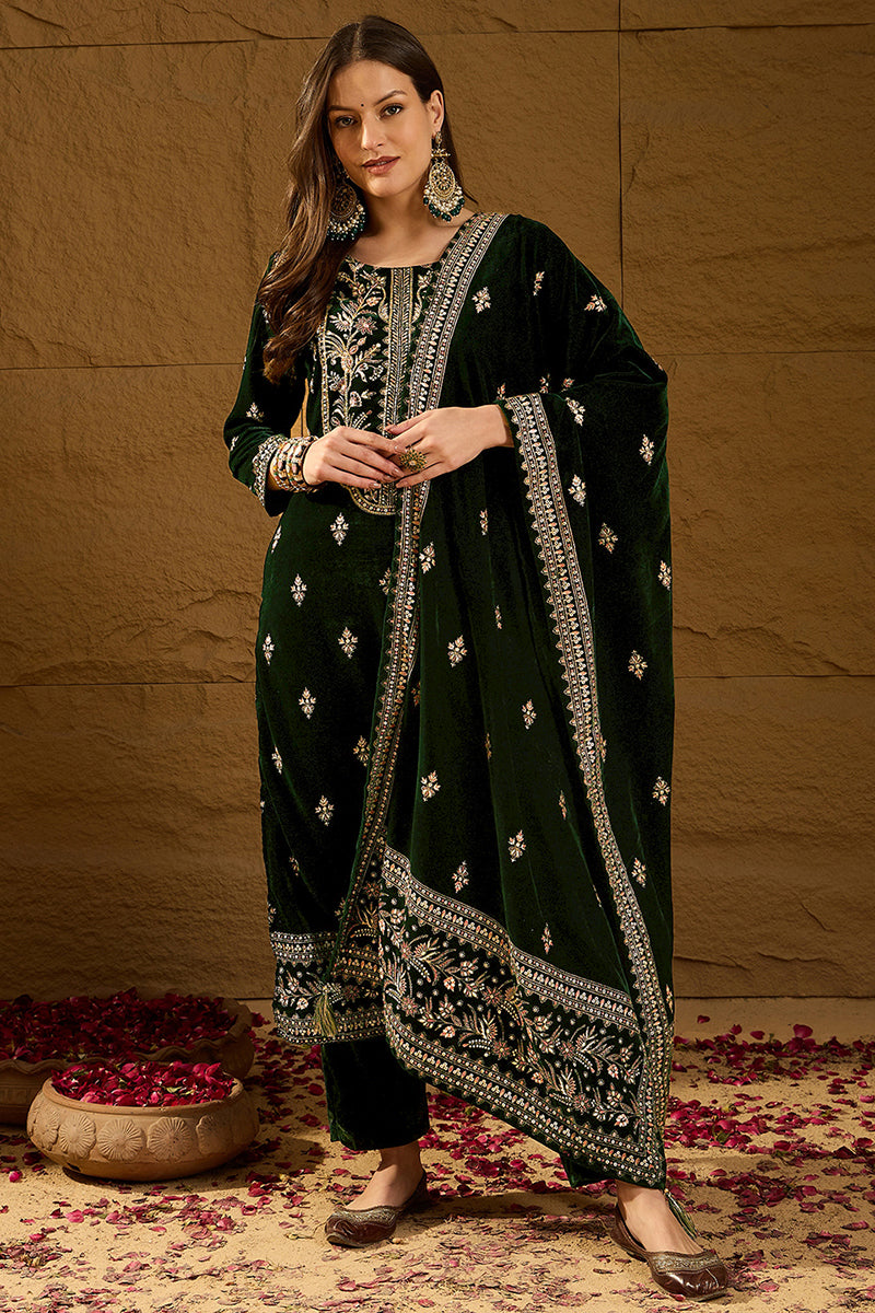 Green Velvet Ethnic Motifs Printed Straight Trousers Suit Set PKSKD288