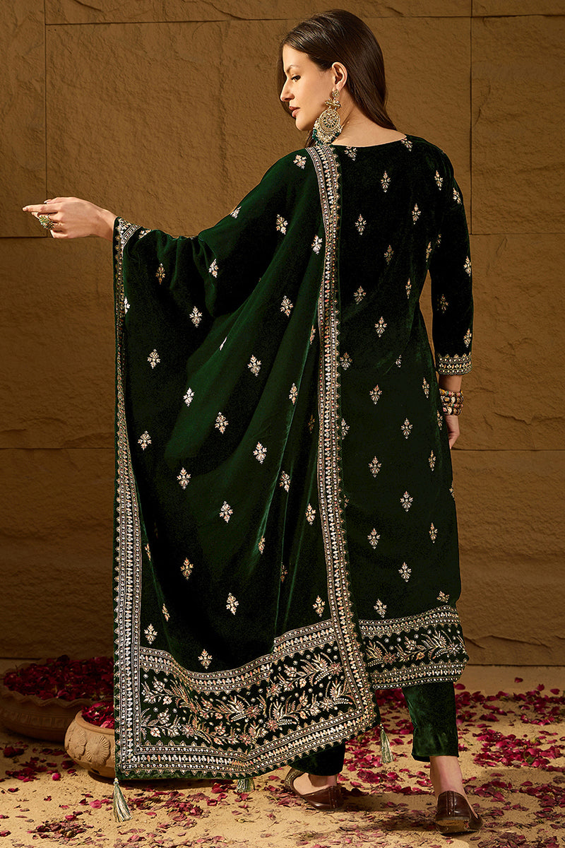 Green Velvet Ethnic Motifs Printed Straight Trousers Suit Set PKSKD288