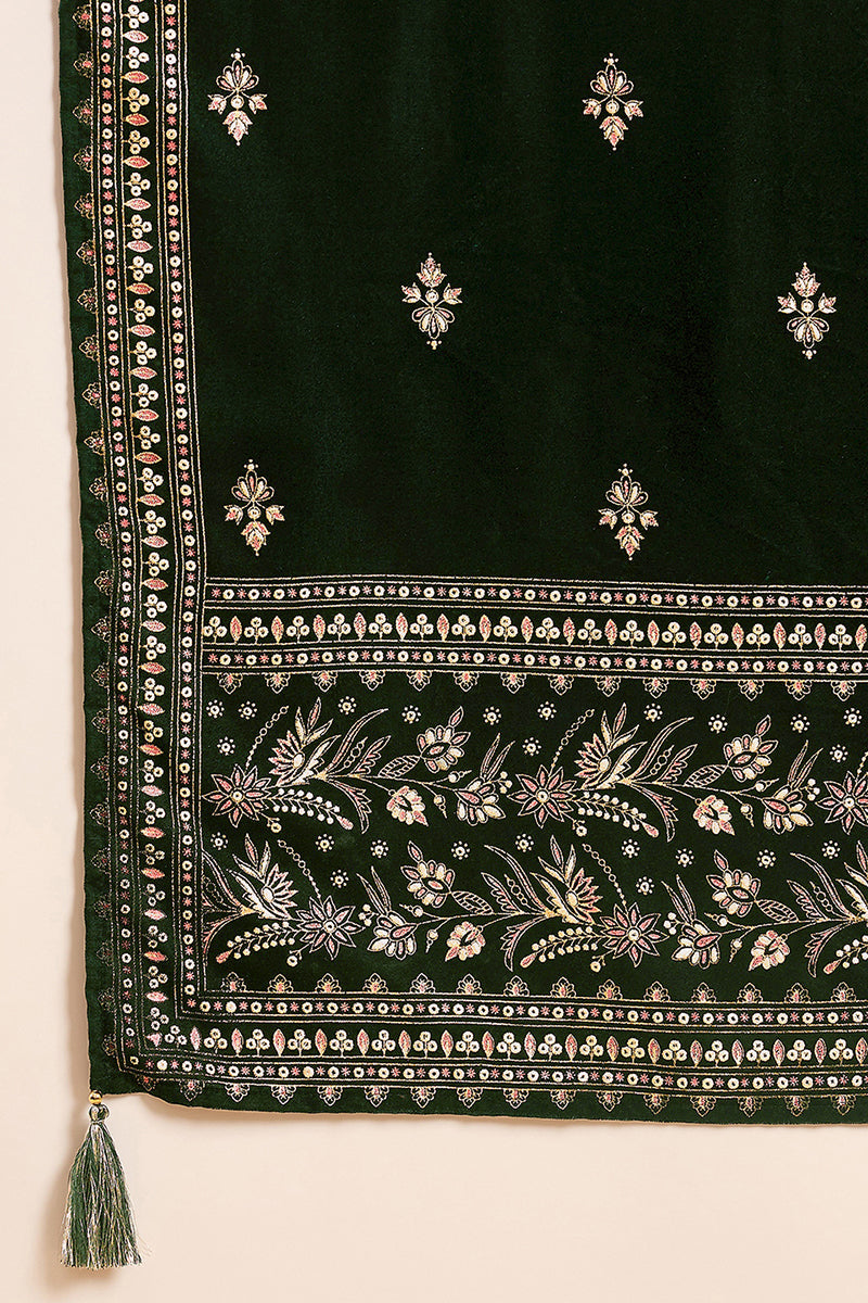 Green Velvet Ethnic Motifs Printed Straight Trousers Suit Set PKSKD288