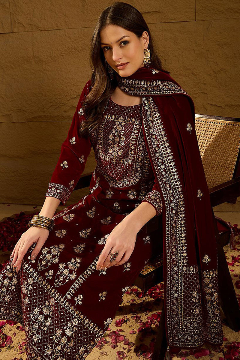 Maroon Velvet Ethnic Motifs Printed Straight Trousers Suit Set PKSKD28