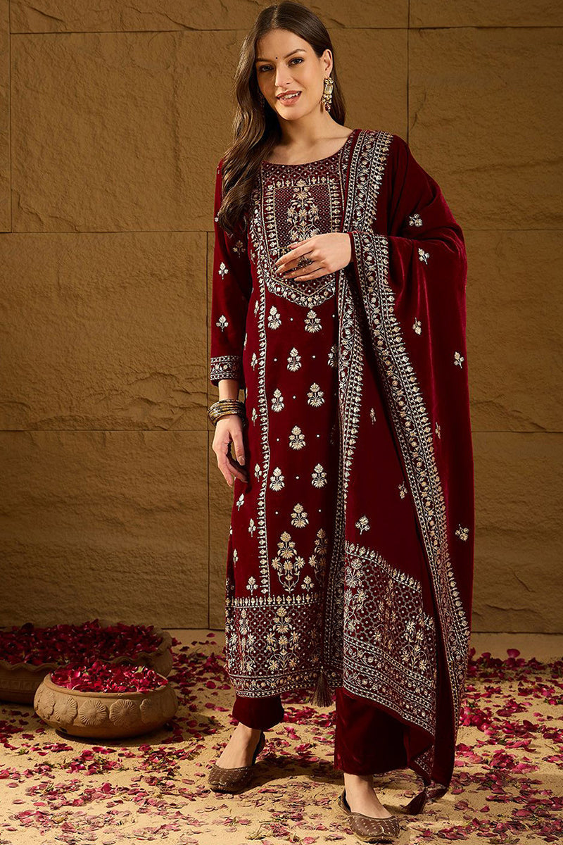 Maroon Velvet Ethnic Motifs Printed Straight Trousers Suit Set PKSKD28