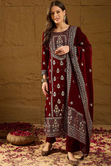 Maroon Velvet Ethnic Motifs Printed Straight Trousers Suit Set PKSKD2881