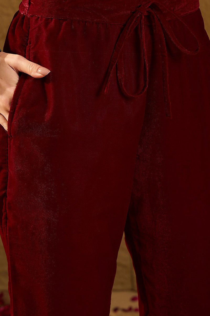 Maroon Velvet Ethnic Motifs Printed Straight Trousers Suit Set PKSKD28