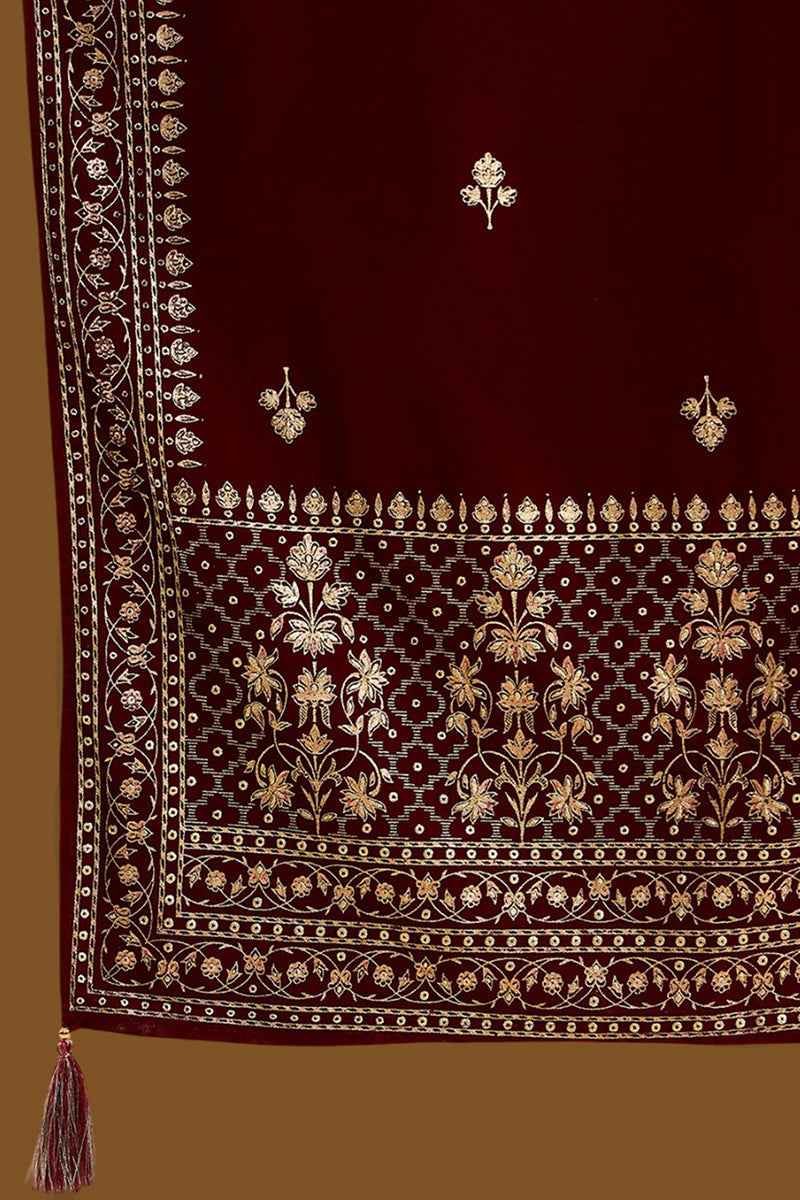 Maroon Velvet Ethnic Motifs Printed Straight Trousers Suit Set PKSKD28
