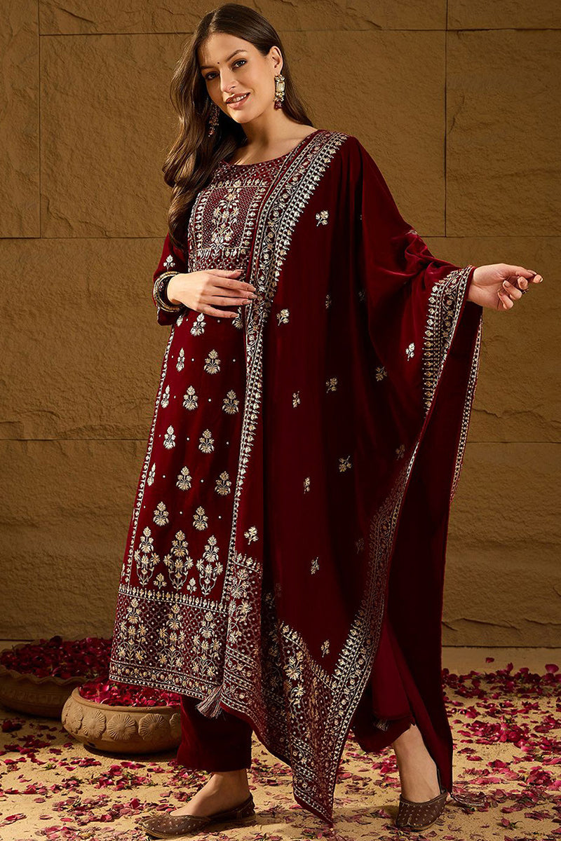 Maroon Velvet Ethnic Motifs Printed Straight Trousers Suit Set PKSKD28