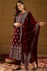 Maroon Velvet Ethnic Motifs Printed Straight Trousers Suit Set PKSKD2881