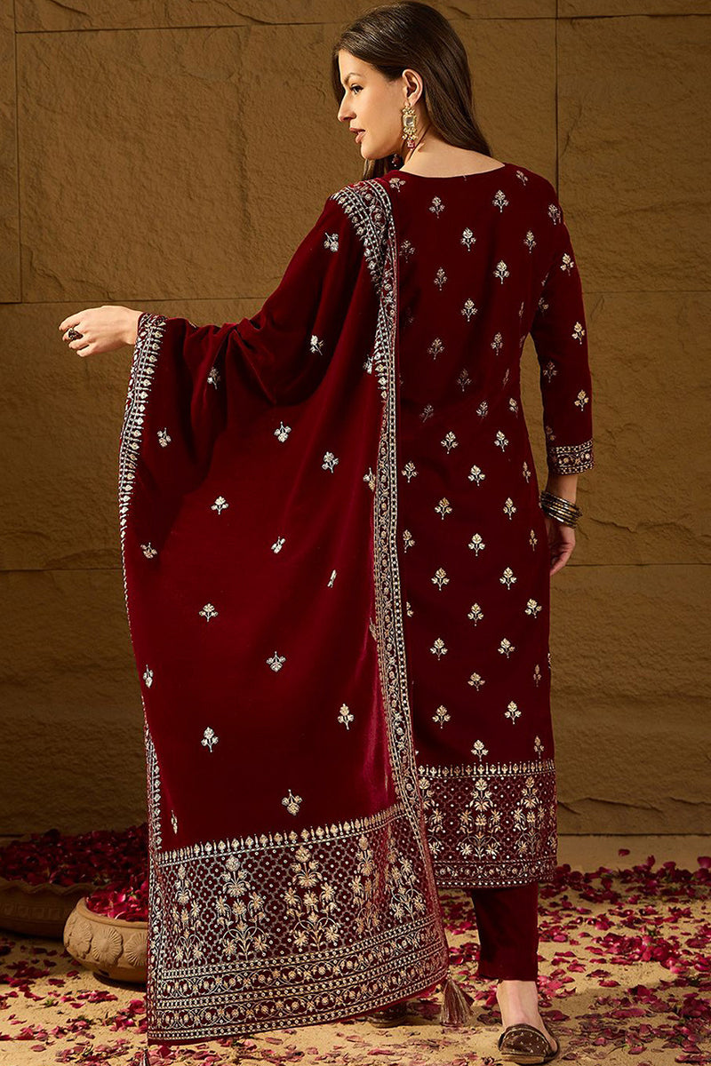 Maroon Velvet Ethnic Motifs Printed Straight Trousers Suit Set PKSKD28