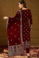 Maroon Velvet Ethnic Motifs Printed Straight Trousers Suit Set PKSKD2881