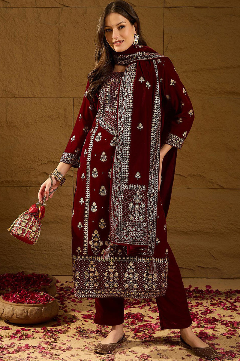 Maroon Velvet Ethnic Motifs Printed Straight Trousers Suit Set PKSKD28