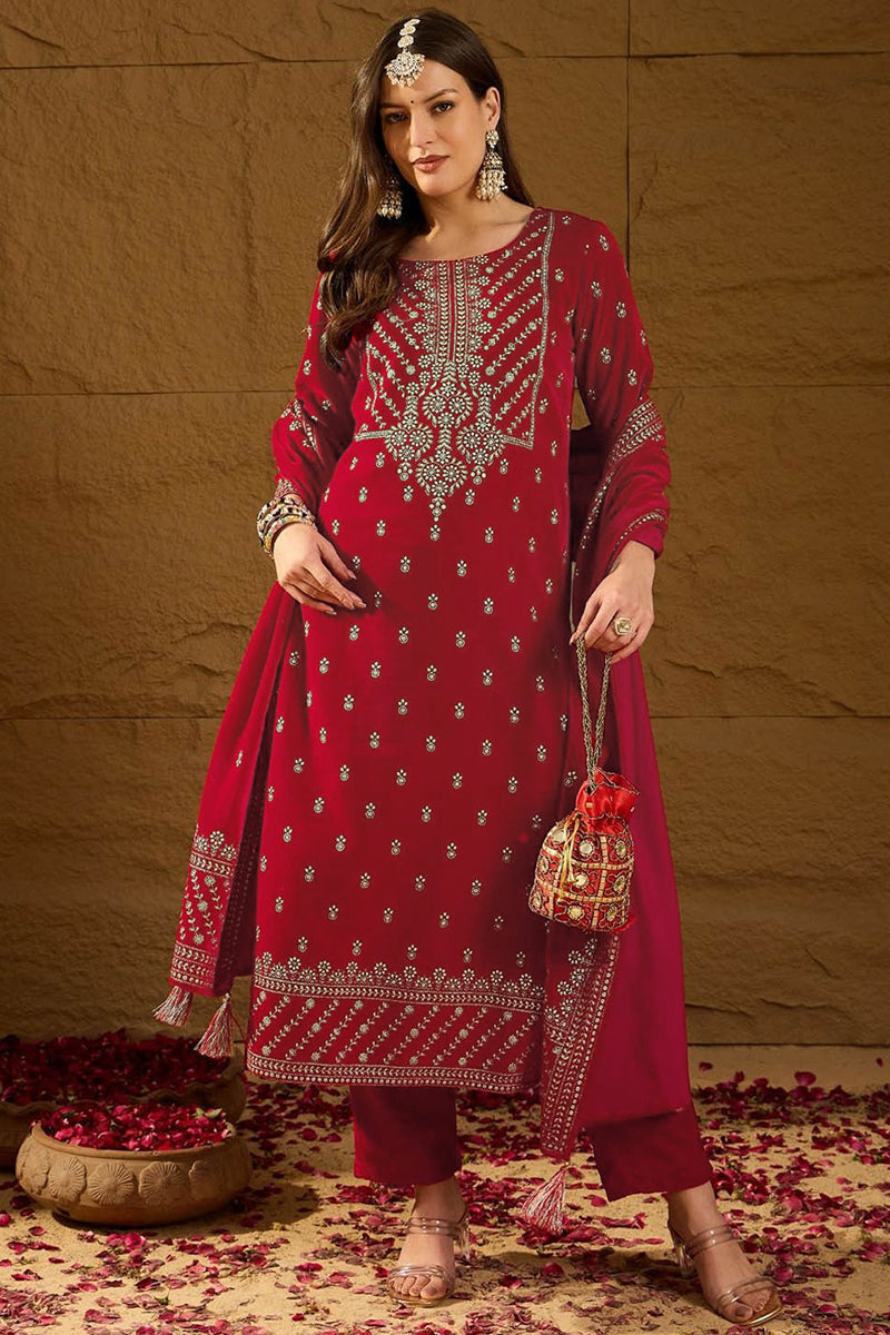 Red Velvet Ethnic Motifs Printed Straight Trousers Suit Set PKSKD2882 
