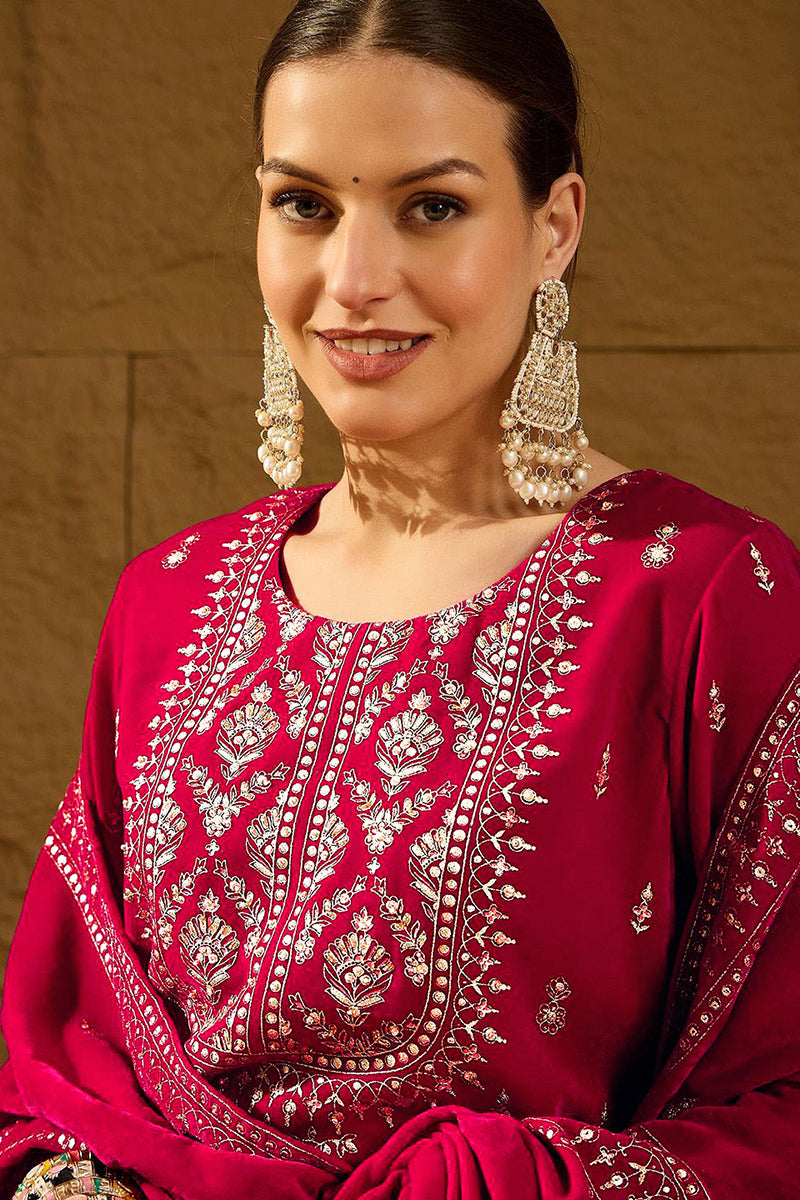 Pink Velvet Ethnic Motifs Printed Straight Trousers Suit Set PKSKD2884