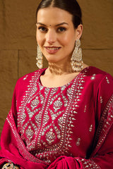 Pink Velvet Ethnic Motifs Printed Straight Trousers Suit Set PKSKD2884