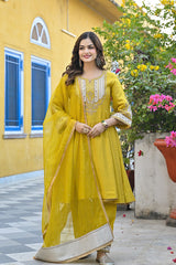 Yellow Silk Blend Solid Embroidered Anarkali Kurta Salwar With Dupatta PKSKD2887