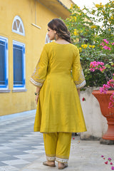 Yellow Silk Blend Solid Embroidered Anarkali Kurta Salwar With Dupatta PKSKD2887