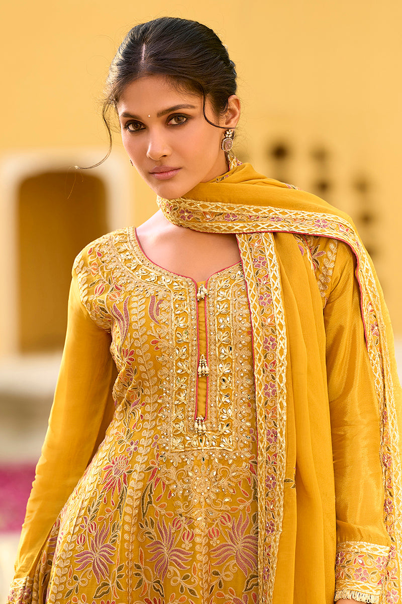 Yellow Chinon Chiffon Embroidered Anarkali Kurta Sharara with Dupatta PKSKD2891