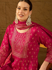 Women Red Silk Blend Ethnic Motifs Woven Design Anarkali Kurta Trousers With Dupatta-PKSKD2894