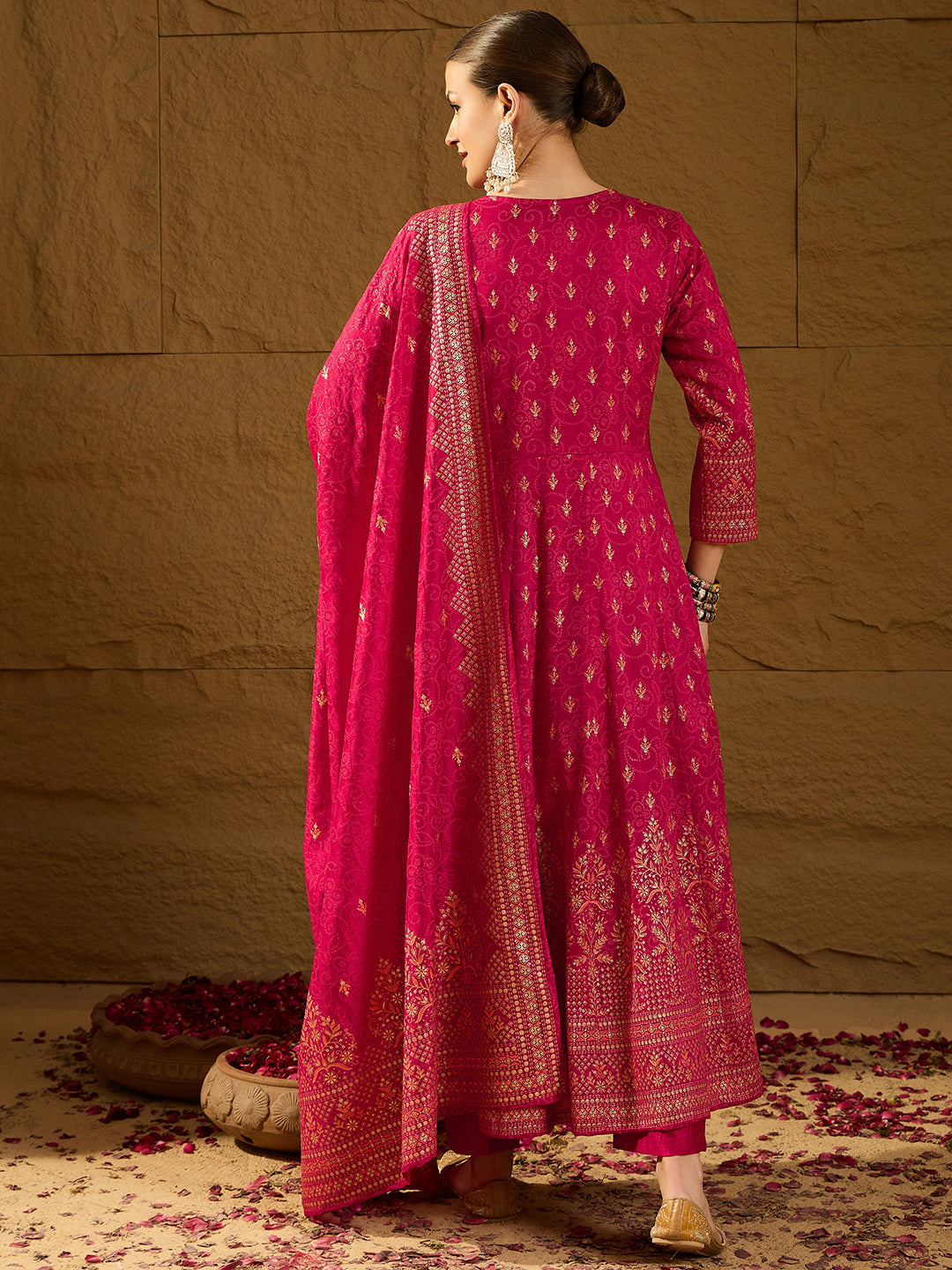 Women Red Silk Blend Ethnic Motifs Woven Design Anarkali Kurta Trousers With Dupatta