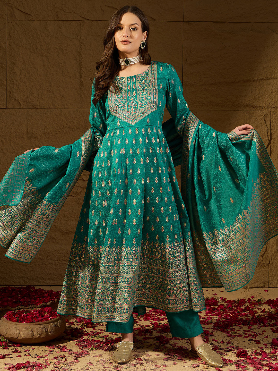 Women Teal Silk Blend Ethnic Motifs Woven Design Anarkali Kurta Trousers With Dupatta