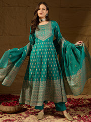 Women Teal Silk Blend Ethnic Motifs Woven Design Anarkali Kurta Trousers With Dupatta-PKSKD2895
