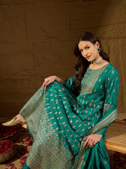 Women Teal Silk Blend Ethnic Motifs Woven Design Anarkali Kurta Trousers With Dupatta-PKSKD2895