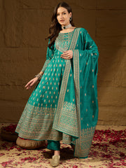 Women Teal Silk Blend Ethnic Motifs Woven Design Anarkali Kurta Trousers With Dupatta-PKSKD2895