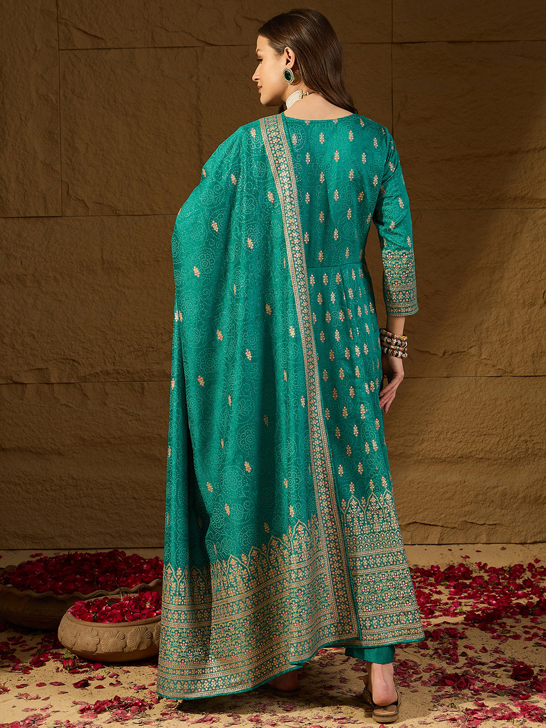 Women Teal Silk Blend Ethnic Motifs Woven Design Anarkali Kurta Trousers With Dupatta