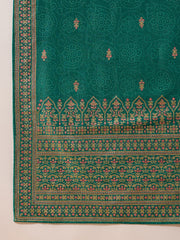 Women Teal Silk Blend Ethnic Motifs Woven Design Anarkali Kurta Trousers With Dupatta-PKSKD2895