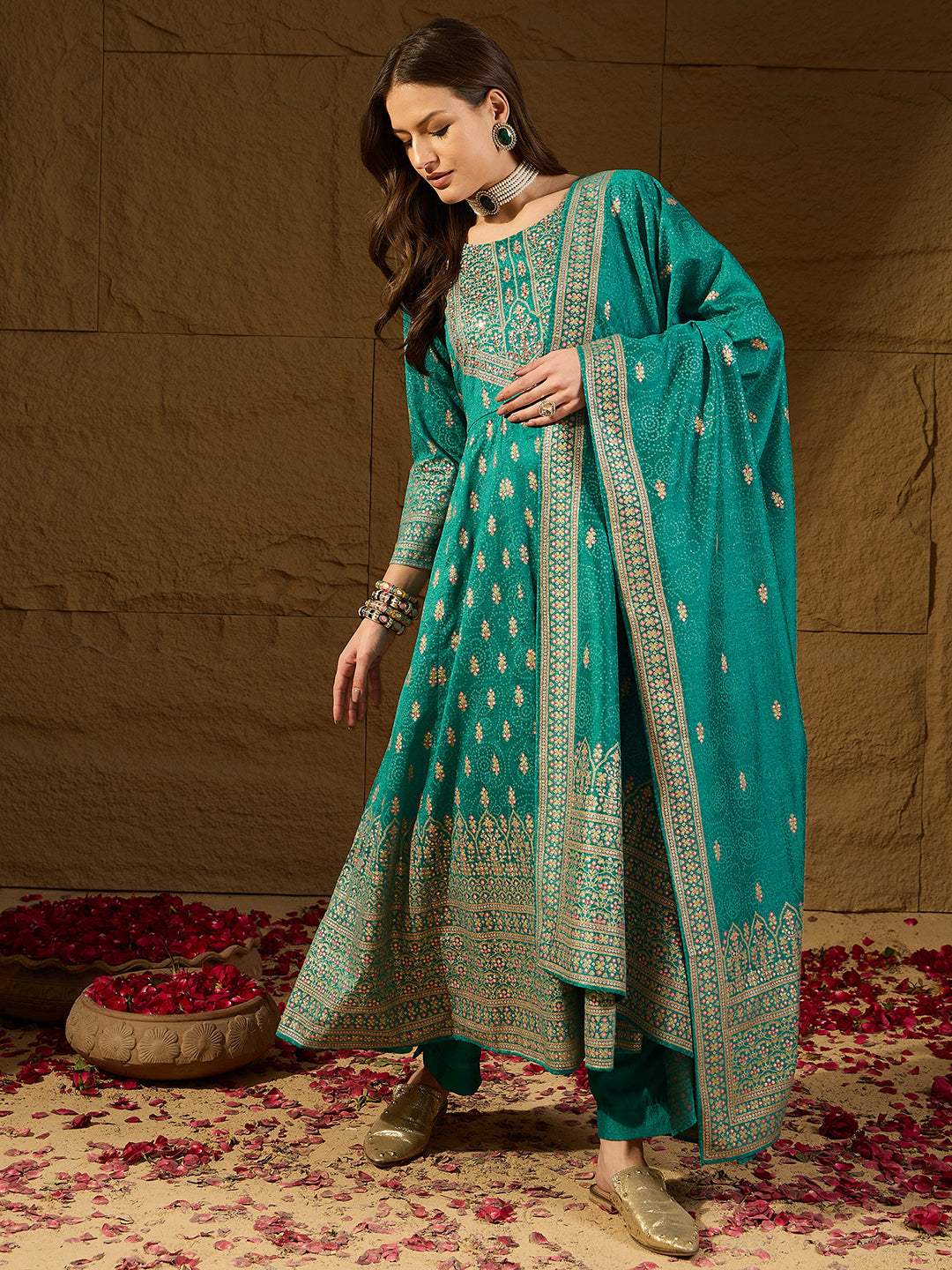 Women Teal Silk Blend Ethnic Motifs Woven Design Anarkali Kurta Trousers With Dupatta