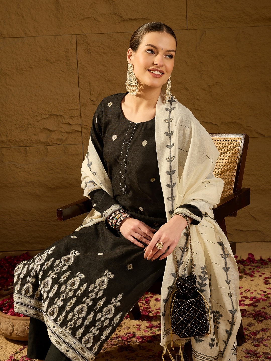 Women Black Chanderi Woven Design Straight Kurta Trouser With Dupatta