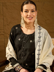 Women Black Chanderi Woven Design Straight Kurta Trouser With Dupatta-PKSKD2901