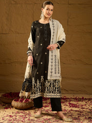 Women Black Chanderi Woven Design Straight Kurta Trouser With Dupatta-PKSKD2901
