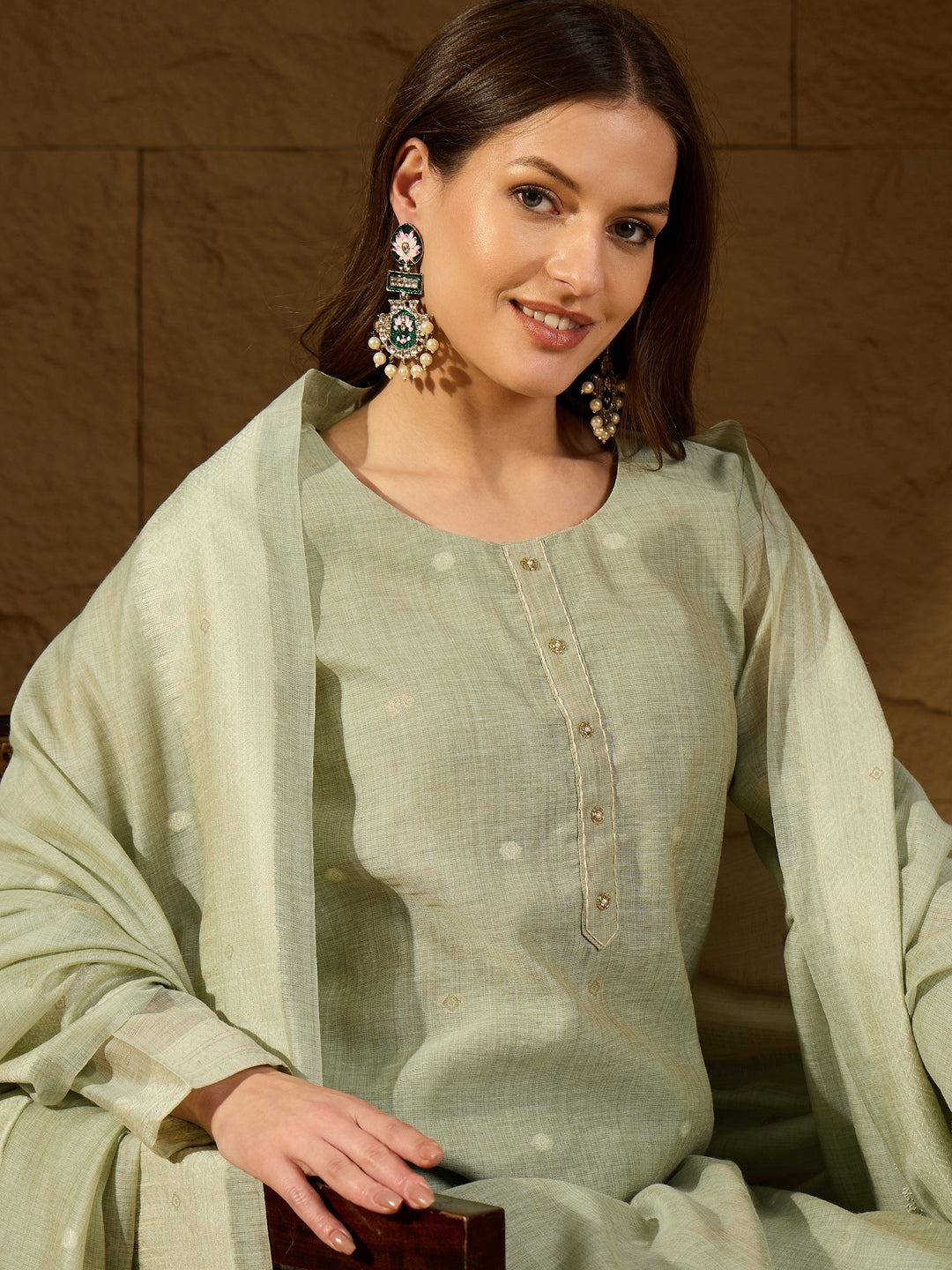 Women Green Chanderi Woven Design Straight Kurta Trouser with Dupatta-PKSKD2902