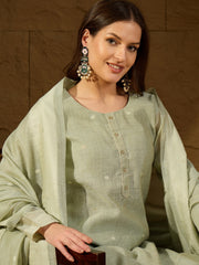 Women Green Chanderi Woven Design Straight Kurta Trouser with Dupatta-PKSKD2902