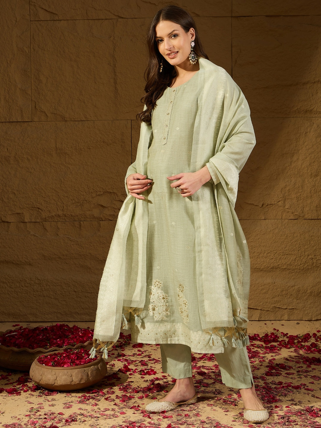 Women Green Chanderi Woven Design Straight Kurta Trouser with Dupatta