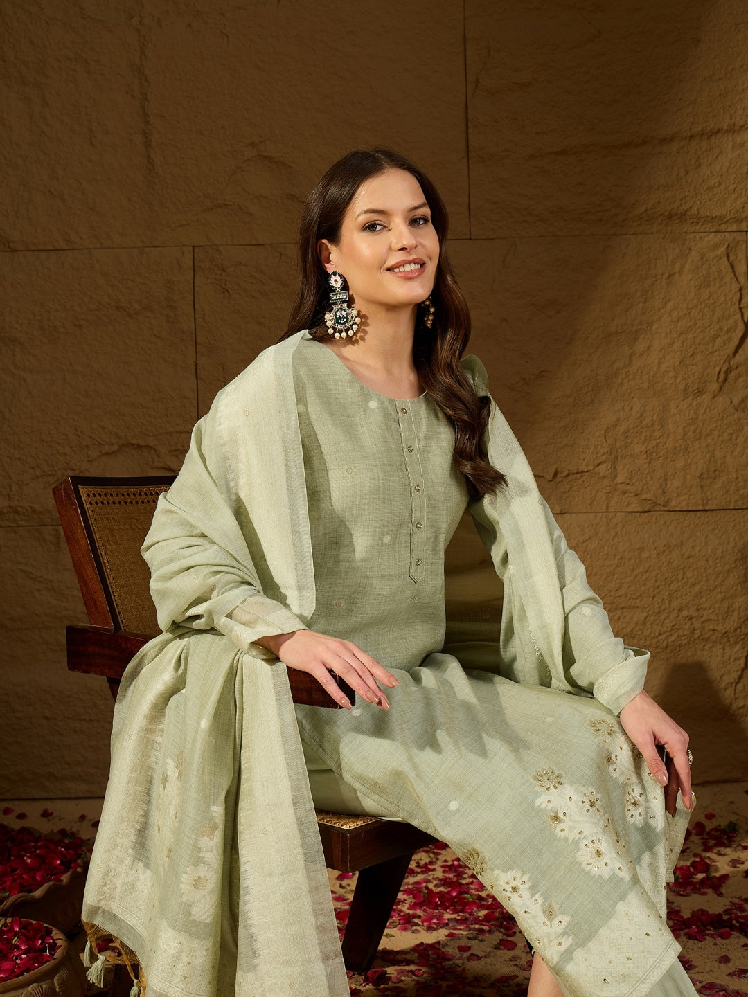 Women Green Chanderi Woven Design Straight Kurta Trouser with Dupatta