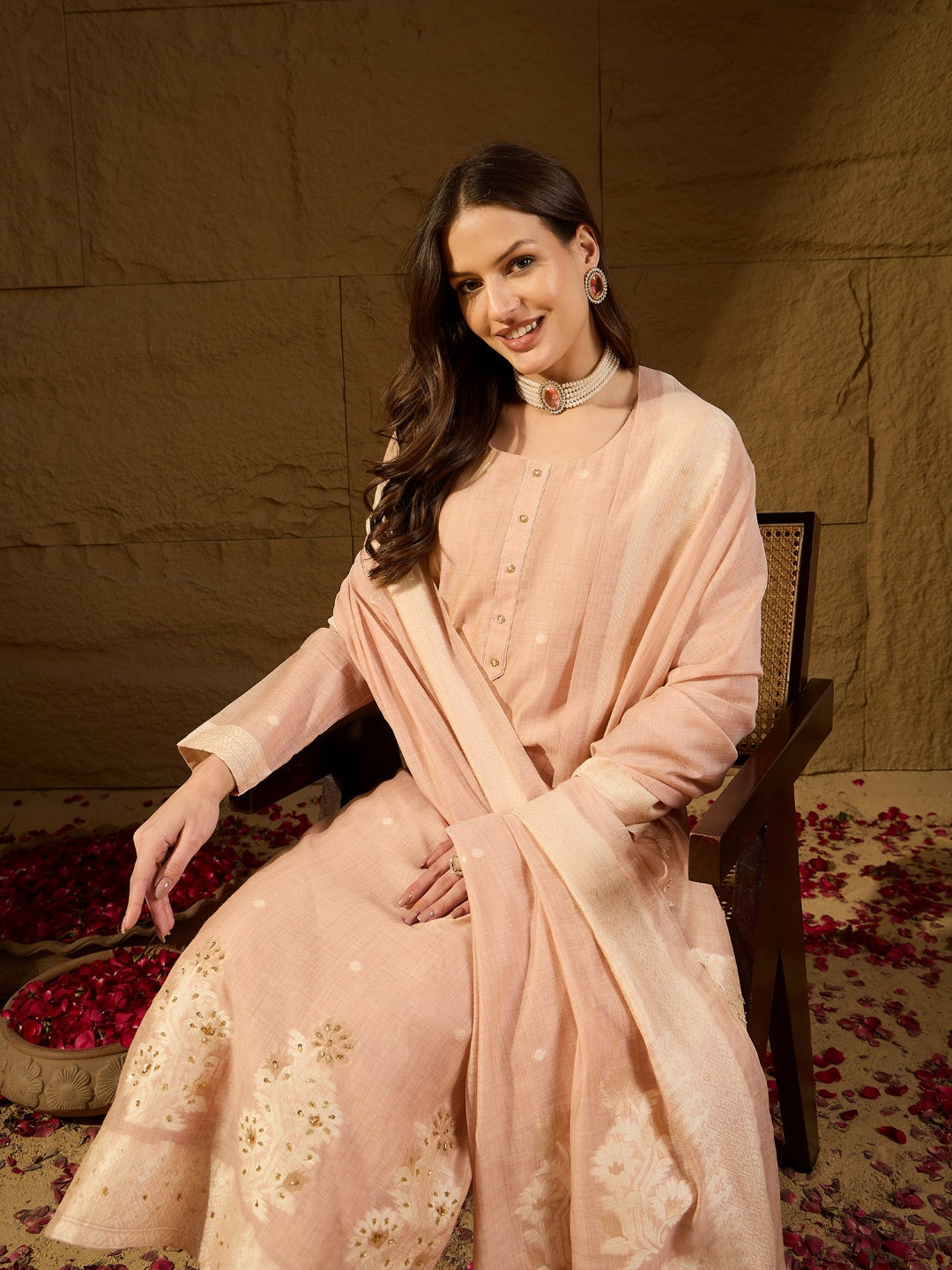 Women Nude Chanderi Self Design Straight Kurta Trouser With Dupatta-PKSKD2903